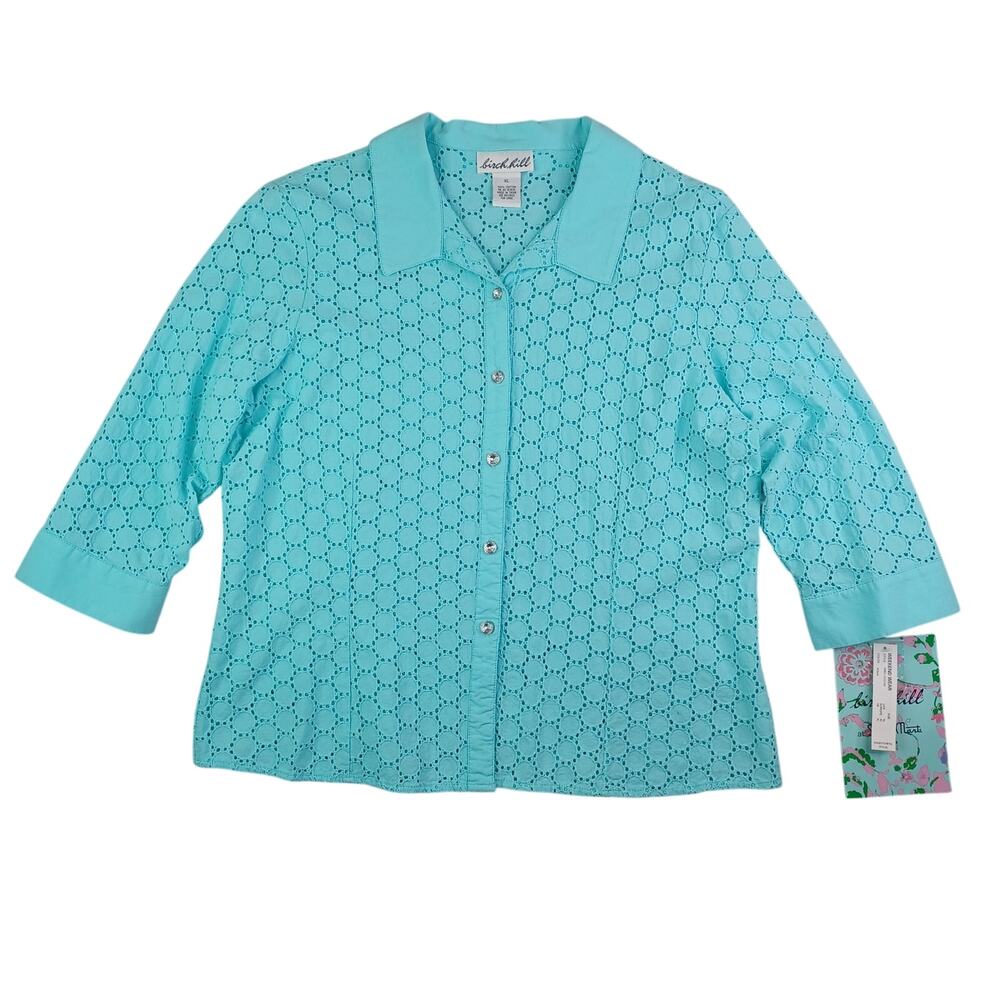 Birch Hill Women Embroidered Eyelet Button Up Top XL Aqua Cotton Resort Beach - Picture 3 of 10